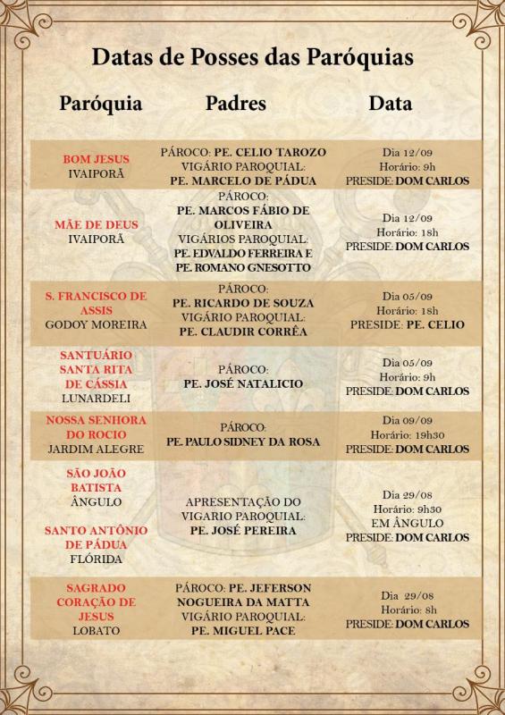 Diocese anuncia as datas da posse e apresentação dos padres