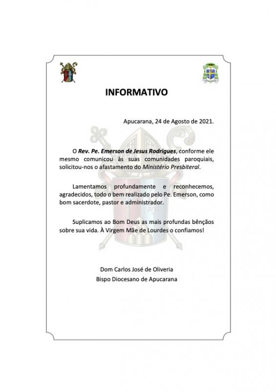 Diocese de Apucarana divulga alteração no clero