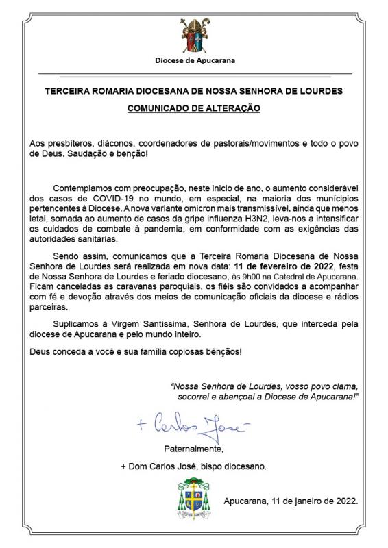 ATENÇÃO: DIOCESE DE APUCARANA ALTERA DATA E MODALIDADE DA ROMARIA DIOCESANA