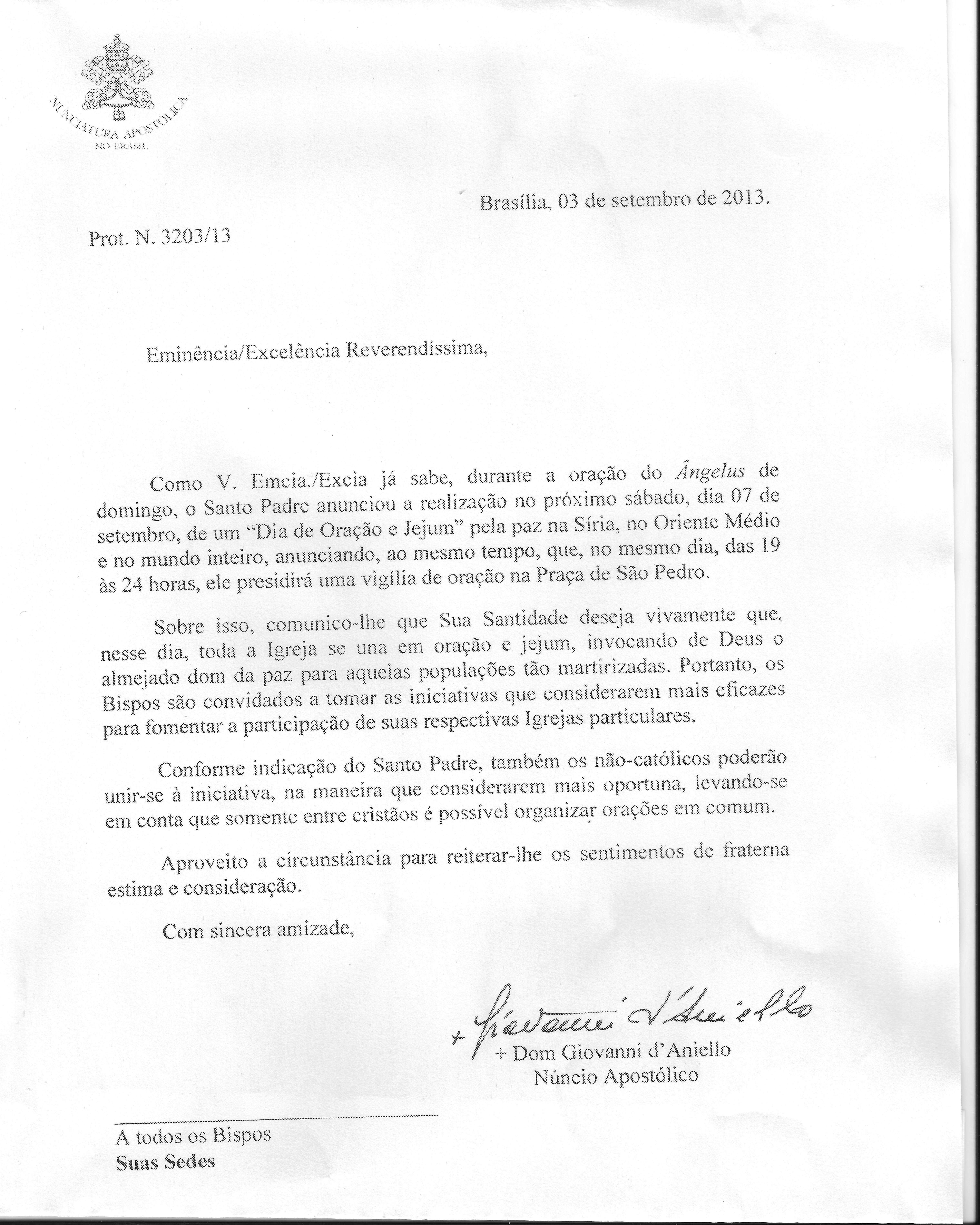 NUNCIO APOSTÓLICO LEMBRA DO PEDIDO DO PAPA PELA PAZ NA SÍRIA