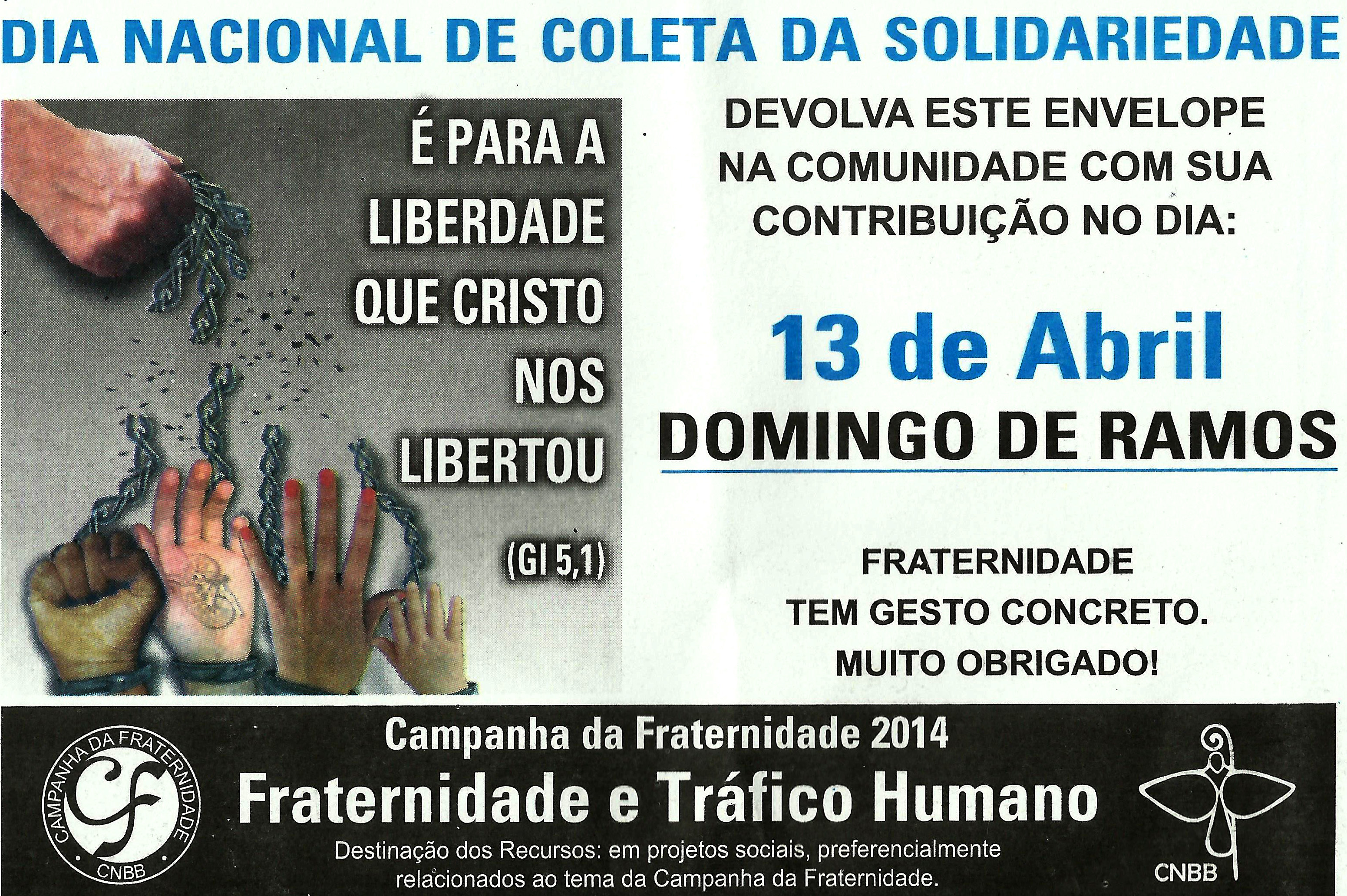 COLETA DA SOLIDARIEDADE SERÁ REALIZADA EM ABRIL