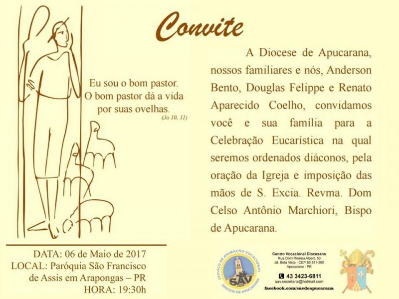 Dom Celso ordenará 3 novos diáconos transitórios