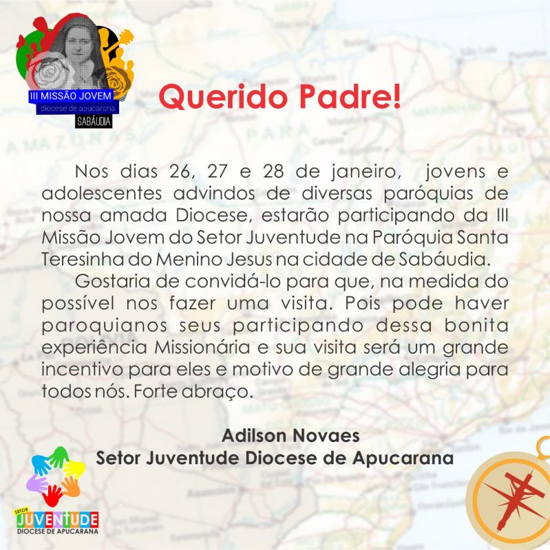 Recado para os padres sobre a III Missão Jovem da Diocese de Apucarana 