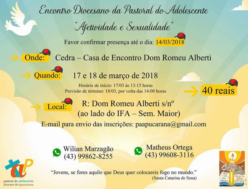 Encontro Diocesano da P.A terá como tema: “Afetividade e Sexualidade”